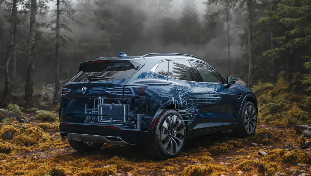 SUV eléctrico Rivian R2 en un entorno natural demostrando tecnología de batería estructural integrada al chasis.