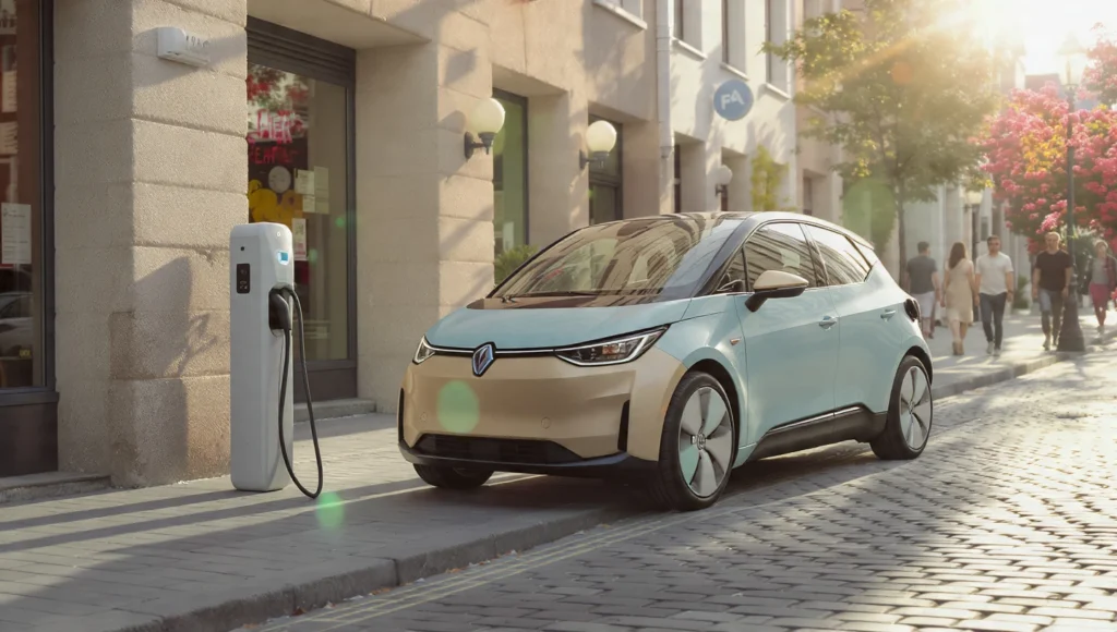 Concepto de auto eléctrico compacto y económico cargando en una ciudad europea, representando modelos como el VW ID.2all o Renault Twingo. Vehículos eléctricos 2026: Análisis