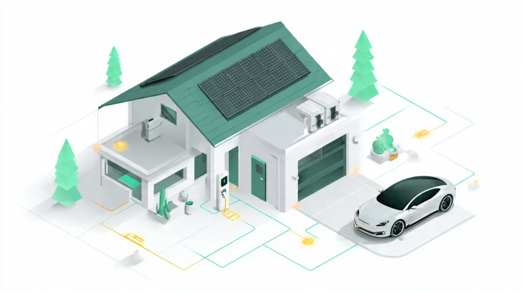 Diagrama de funcionamiento de la tecnología V2G (Vehicle-to-Grid) donde el auto eléctrico alimenta la red doméstica.