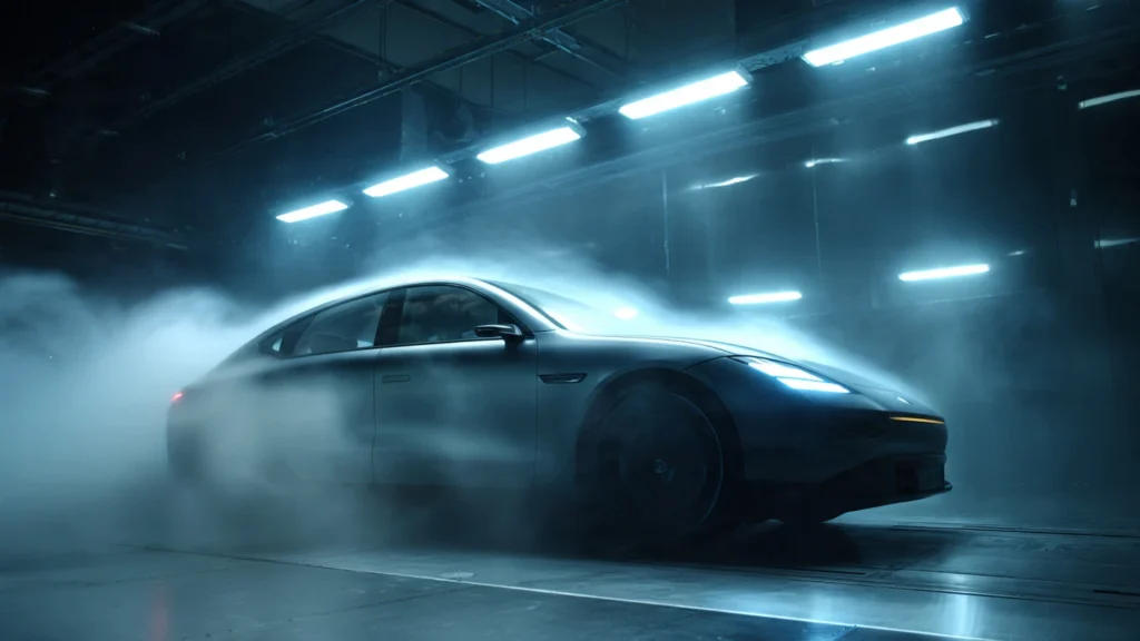 Prueba de túnel de viento mostrando la eficiencia aerodinámica de un sedán eléctrico futuro tipo Kia EV4.