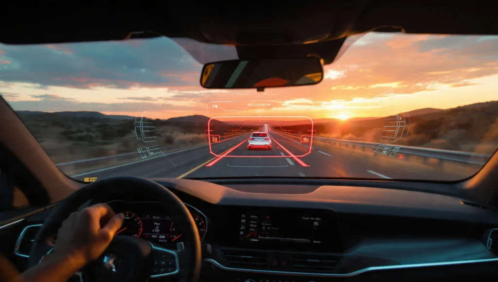 Visualización técnica de un sistema ADAS de frenado autónomo de emergencia en funcionamiento durante la conducción.