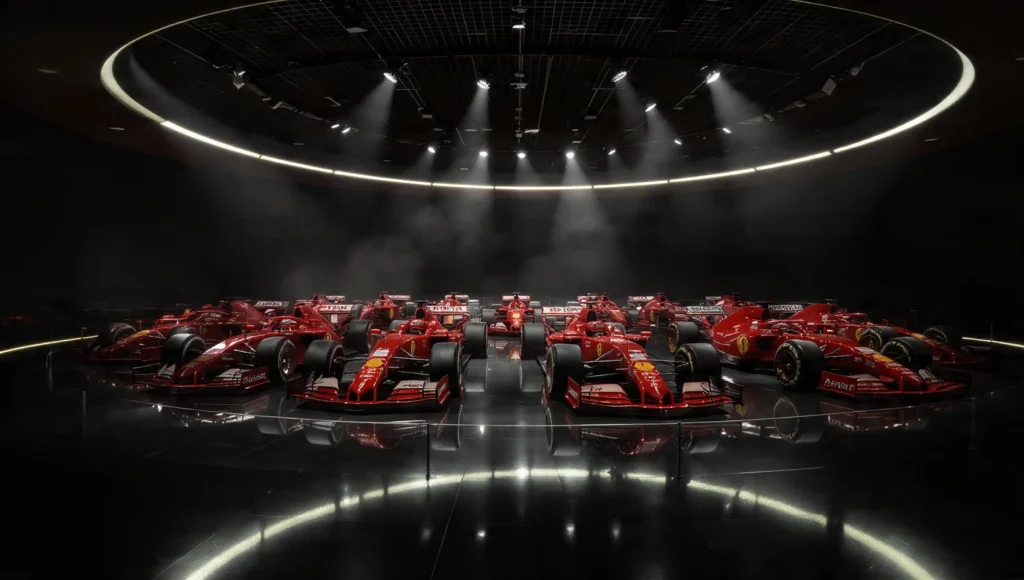Sala de la Victoria en el Museo Ferrari de Maranello, mostrando una alineación de monoplazas de F1 históricos con iluminación dramática, tal como se aprecia en el recorrido digital.