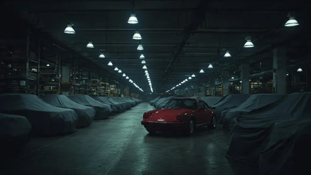 Interior del depósito secreto de Porsche en Stuttgart, mostrando prototipos ocultos como el Porsche 989, accesibles en ciertos recorridos virtuales.