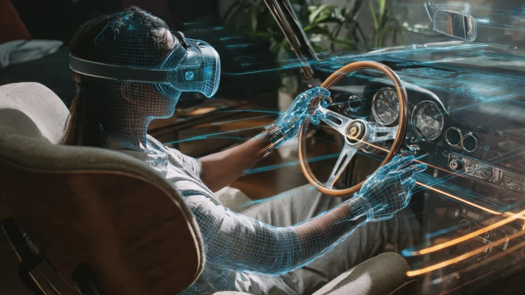 Persona utilizando un casco de realidad virtual (VR) para interactuar inmersivamente con el interior de un auto clásico Lamborghini Miura desde su hogar, ilustrando el futuro de los museos online.