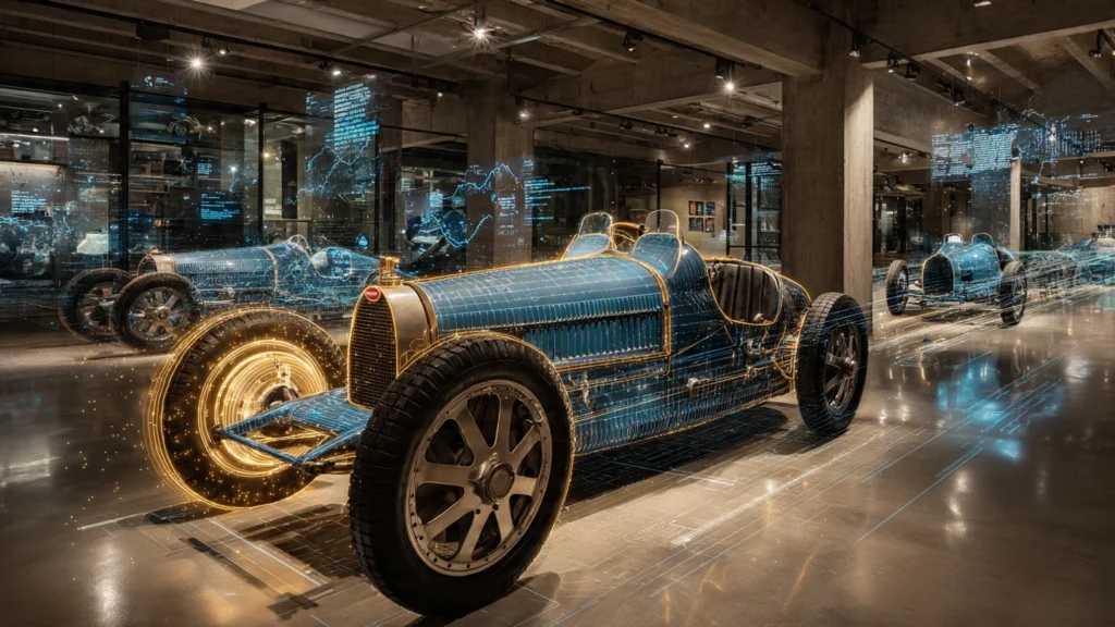 Representación artística de un auto clásico Bugatti Type 35 transformándose en datos digitales dentro de un museo moderno, ilustrando la nueva era de los recorridos virtuales.