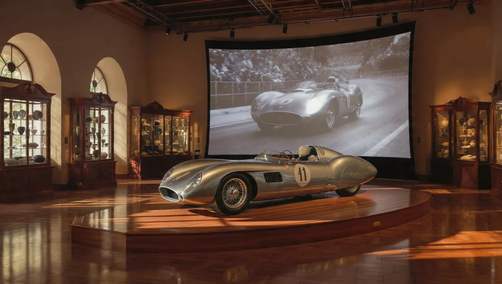 El icónico Mercedes-Benz W196 "Flecha de Plata" exhibido en el Museo Juan Manuel Fangio en Balcarce, rodeado de trofeos y proyecciones históricas, destacando el patrimonio argentino online.