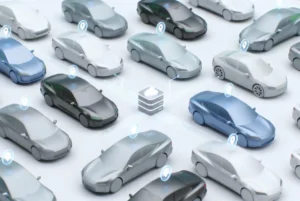 Diagrama isométrico del funcionamiento de sistemas RFID y GPS para el control de ubicación de inventario en lotes de autos.