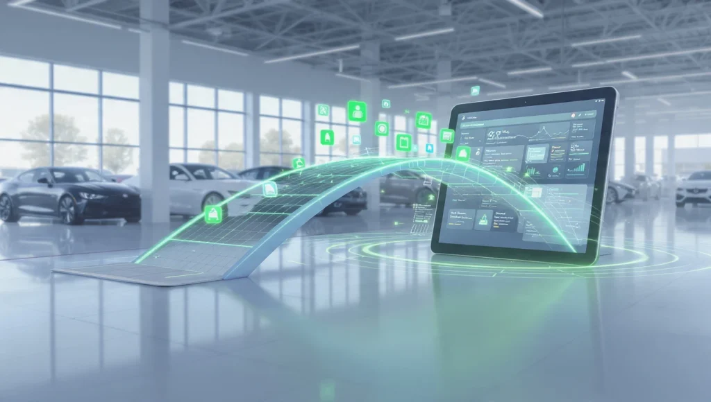 Infografía de sincronización de stock físico y digital para optimizar el inventario automotor.