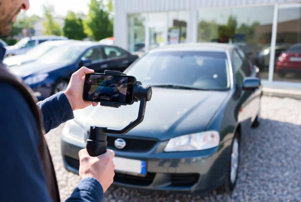 Vendedor grabando video de un auto usado para generar confianza mediante contenido genuino.