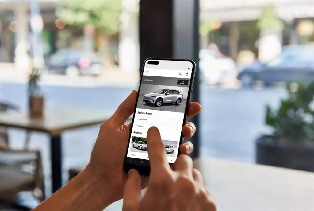 Usuario buscando vehículos desde un smartphone en un sitio web optimizado para mobile-first.
