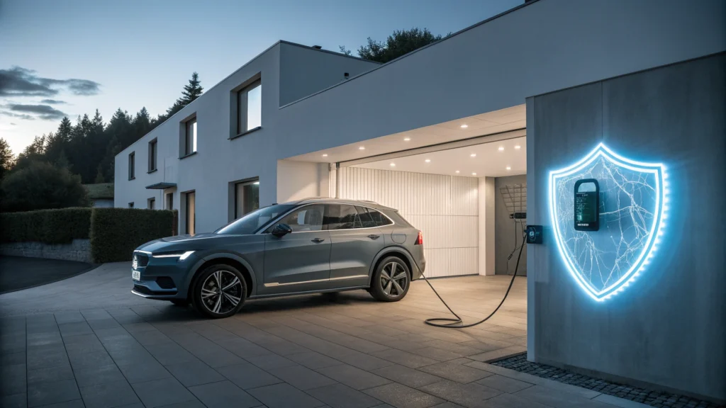 Vehículo eléctrico cargando en garage con protección de seguro para batería y wallbox.