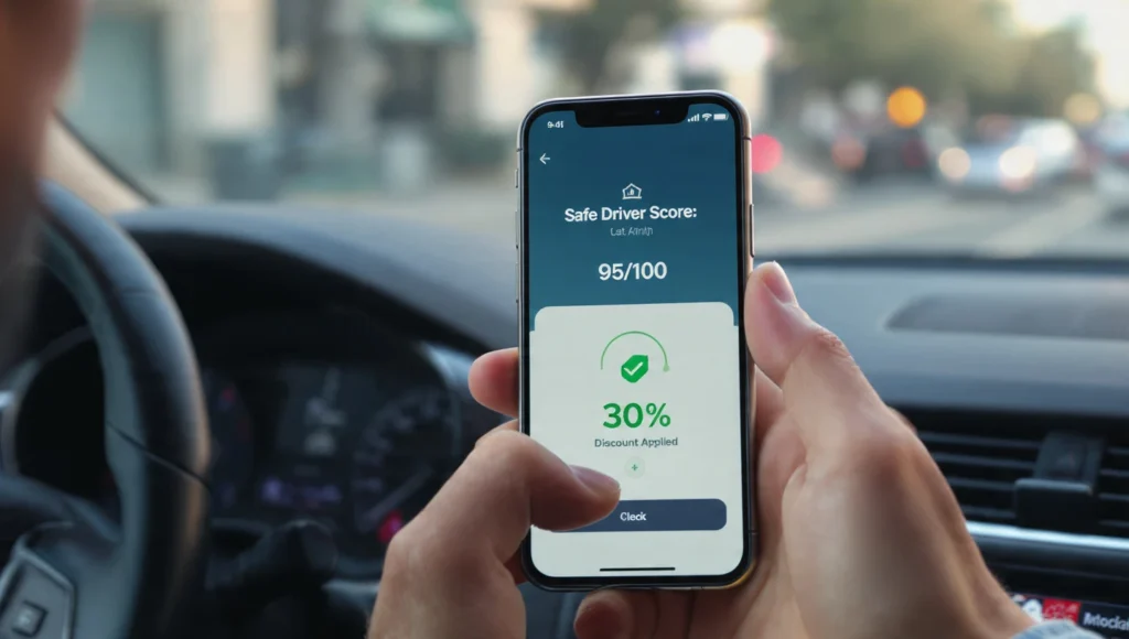 Aplicación de seguro por uso mostrando puntaje de conducción y descuento por buen manejo.