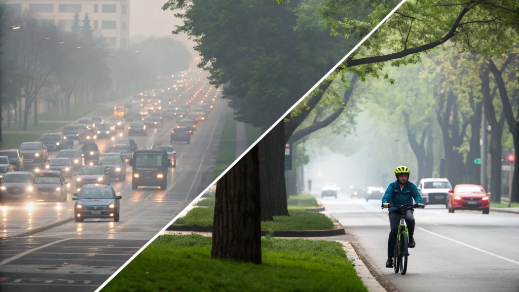 micromovilidad_electrica_en_trayectos_cortos_002 Representación visual de la reducción de contaminación al elegir micromovilidad eléctrica.