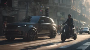 Comparación visual de la eficiencia de espacio entre un SUV y un moto eléctrica en la ciudad.