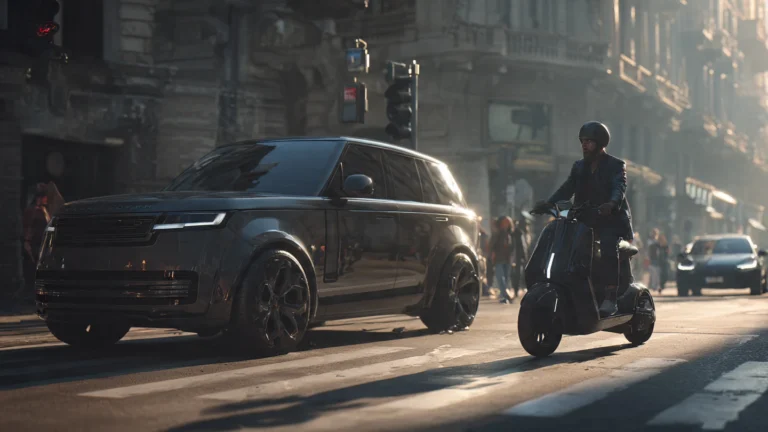 Comparación visual de la eficiencia de espacio entre un SUV y un moto eléctrica en la ciudad.