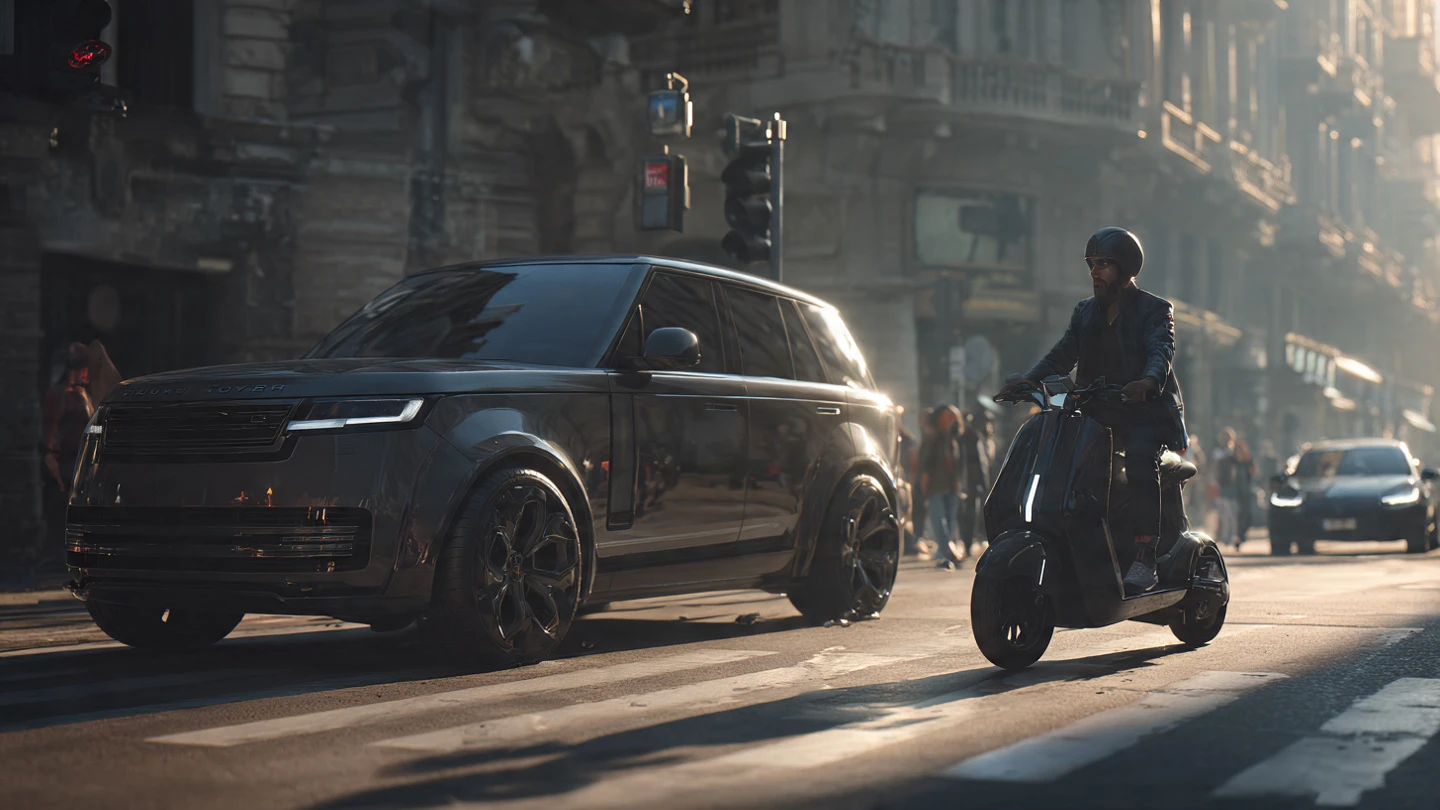 Comparación visual de la eficiencia de espacio entre un SUV y un moto eléctrica en la ciudad.