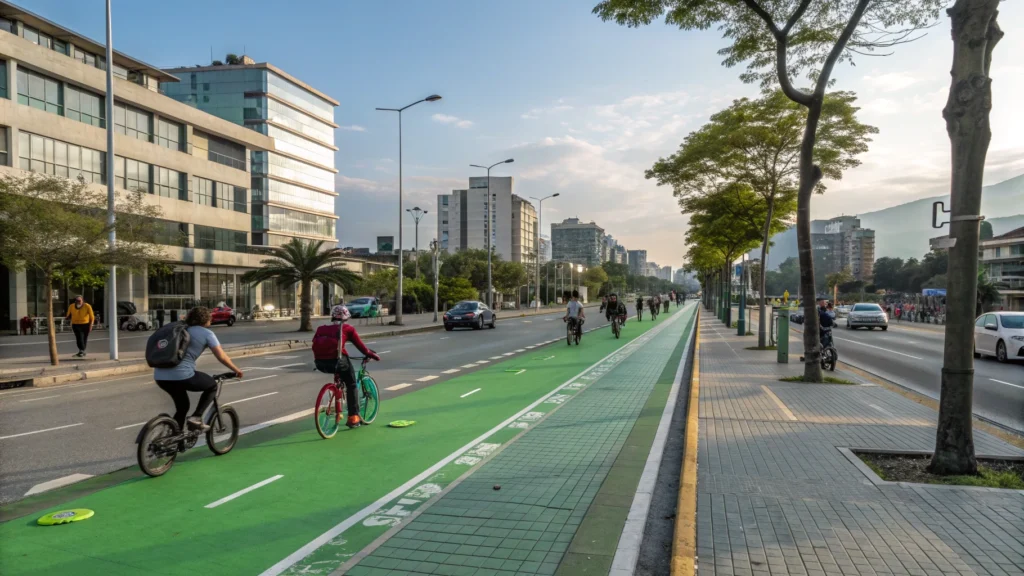 micromovilidad_electrica_en_trayectos_cortos_006 Ciclovía segregada en una ciudad moderna con usuarios de bicicletas y monopatines eléctricos.
