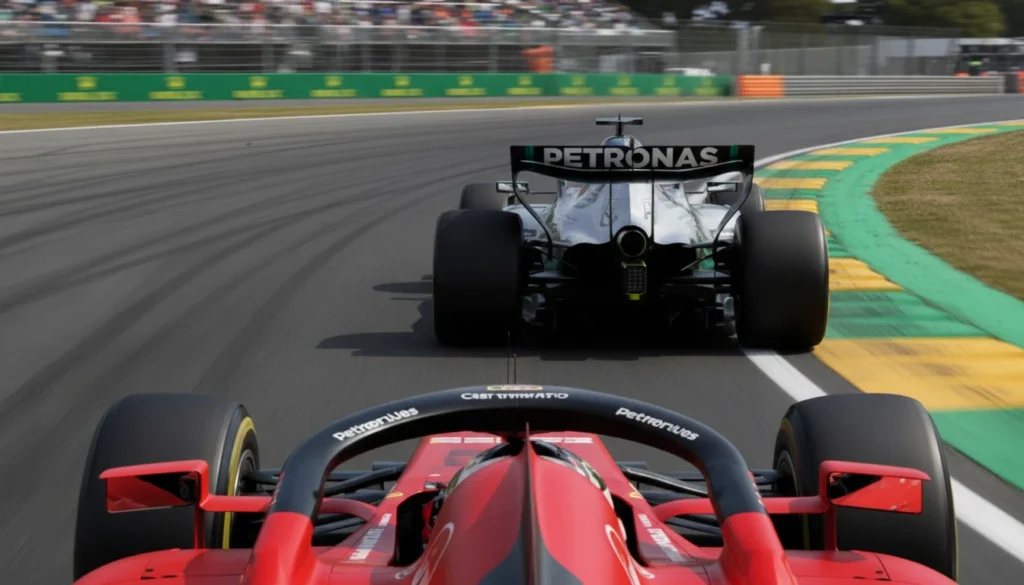 El Mercedes de Rusell visto desde el monoplaza de Leclerc -Ferrari- desde atras. 