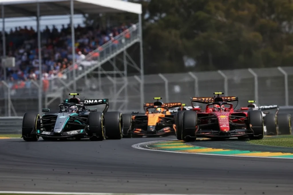 Los cuatro primeros monoplazas de Fórmula 1 tomando una curva en ela largada del Gran Premio de Australia 2026