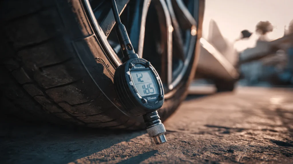 ahorra-combustible-factores-ocultos-001 Primer plano de medición de presión de neumáticos para optimizar el consumo de nafta.