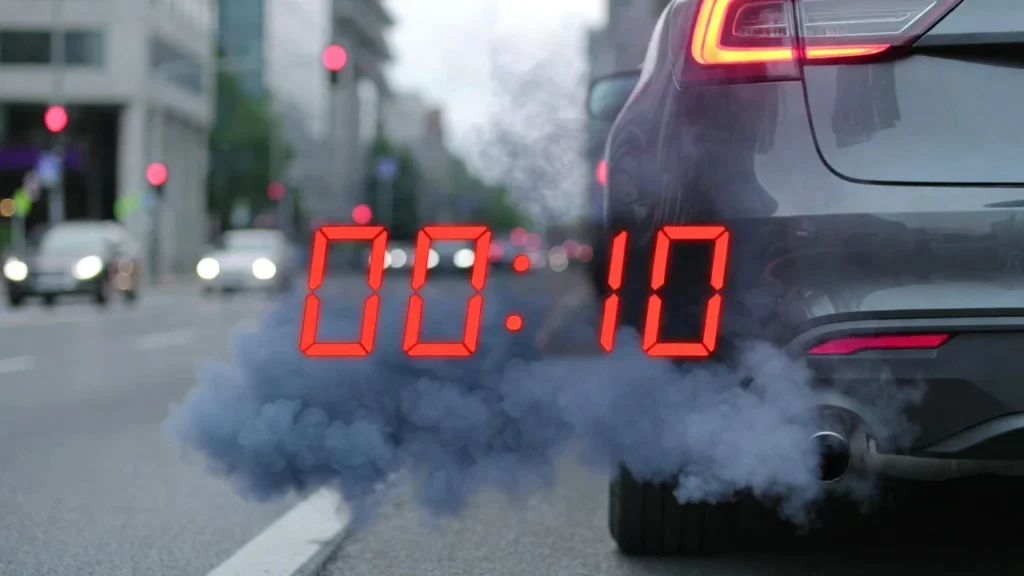 ahorra-combustible-factores-ocultos-004 Auto detenido en semáforo emitiendo gases contaminantes por ralentí innecesario.