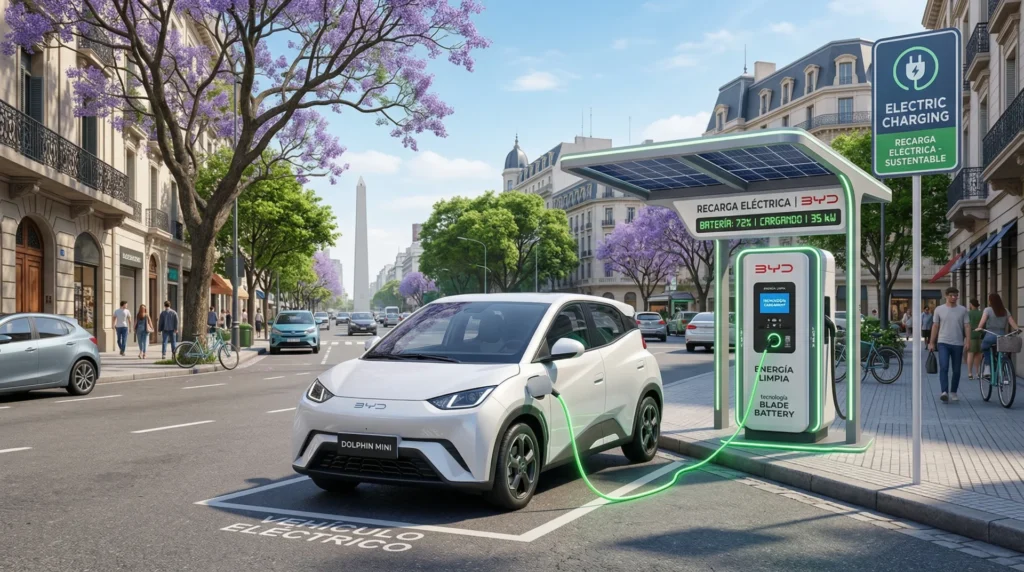 comparativa-autos-chinos-en-argentina-001 Auto eléctrico BYD Dolphin Mini cargando en estación de servicio urbana en Argentina.