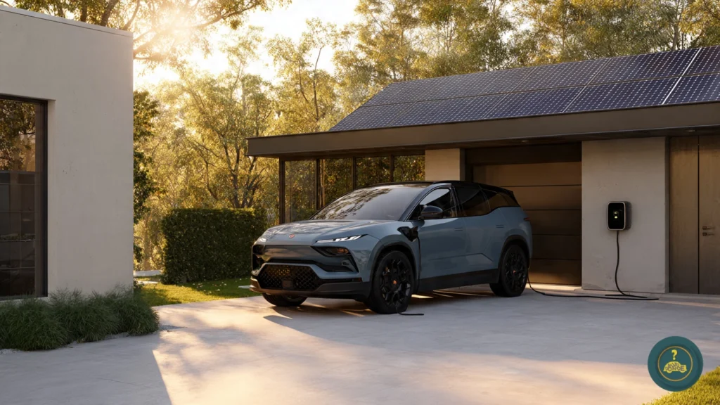 hibridos-electricos-o-combustion-0051 Vehículo eléctrico cargándose en un cargador de pared doméstico en una casa moderna con paneles solares.