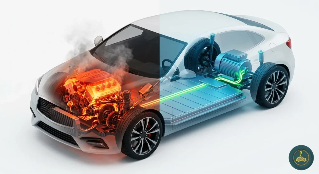hibridos-electricos-o-combustion-0081 Infografía 3D comparando la complejidad y el calor de un motor de combustión interna frente a la simplicidad y eficiencia de un motor eléctrico.