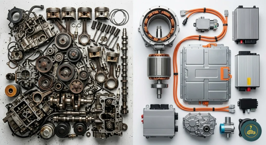 hibridos-electricos-o-combustion-0111 Comparación visual entre las miles de piezas de un motor a nafta y las pocas piezas de un motor eléctrico para explicar el bajo mantenimiento.