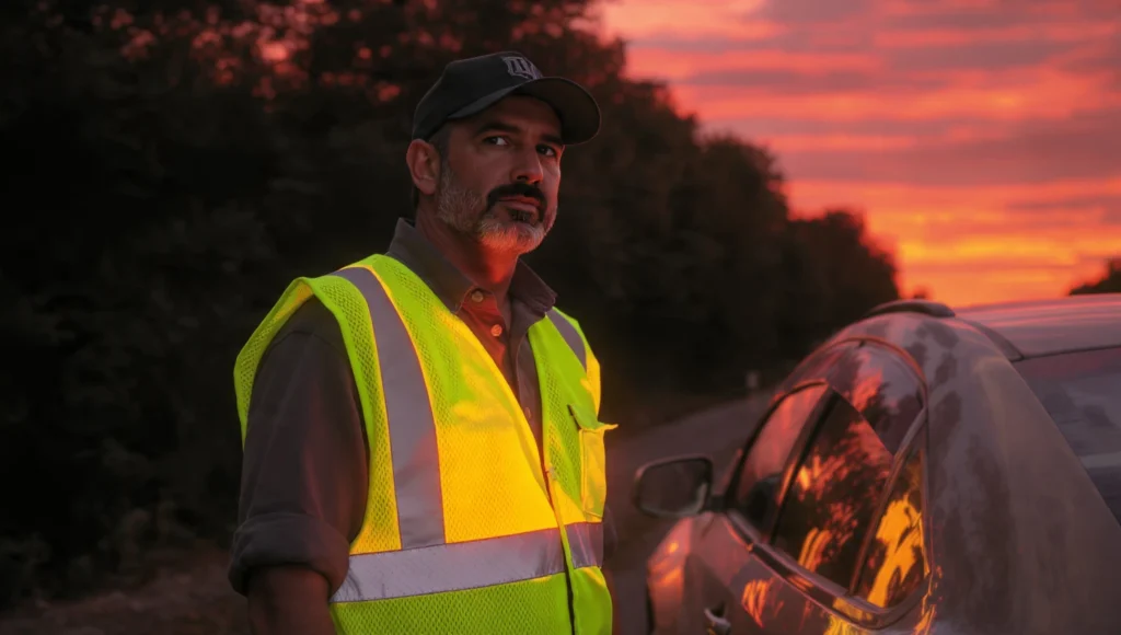 Conductor utilizando chaleco reflectante de seguridad vial al descender del vehículo en la banquina.