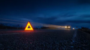 Balizas portátiles reflectantes colocadas en ruta durante la noche para señalizar un vehículo detenido.