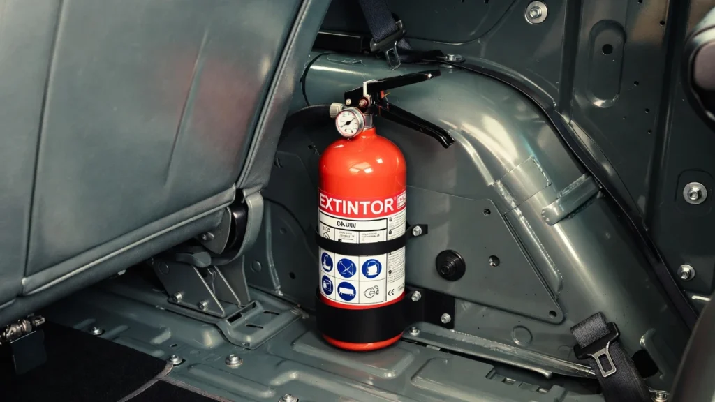 Matafuegos reglamentario de 1kg instalado correctamente con soporte metálico y manómetro en carga óptima.