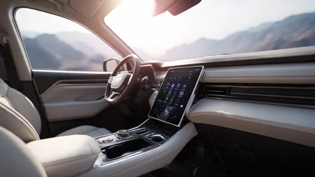 primer-plano-gran-angular-del-interior-de-una-hava Diseño interior y tecnología de la SUV china Haval H6 disponible en Argentina.