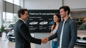 Vendedor de autos cerrando una venta en una concesionaria equipada con tecnología de punta.