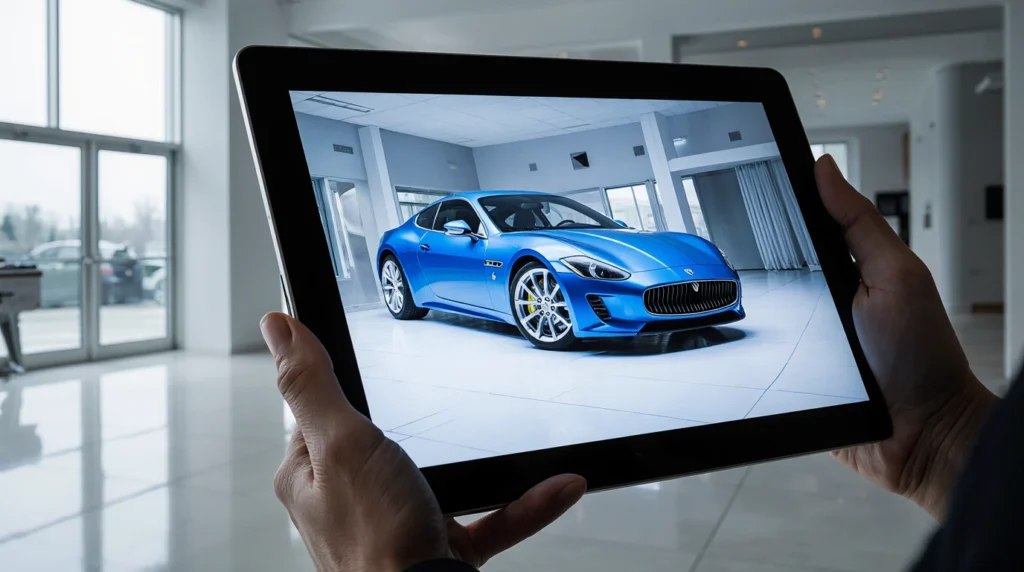 vender-autos-en-2026-007 Cliente usando realidad aumentada para personalizar un vehículo en una concesionaria.