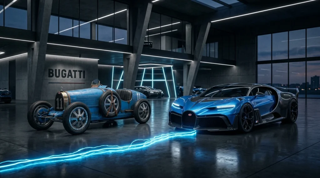 Comparativa visual entre el Bugatti Type 35 histórico y el nuevo Bugatti Tourbillon híbrido.