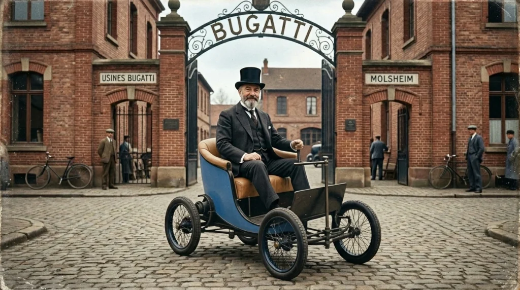 Ettore Bugatti sentado en el Bugatti Type 56, el primer auto eléctrico de la marca creado en 1931.