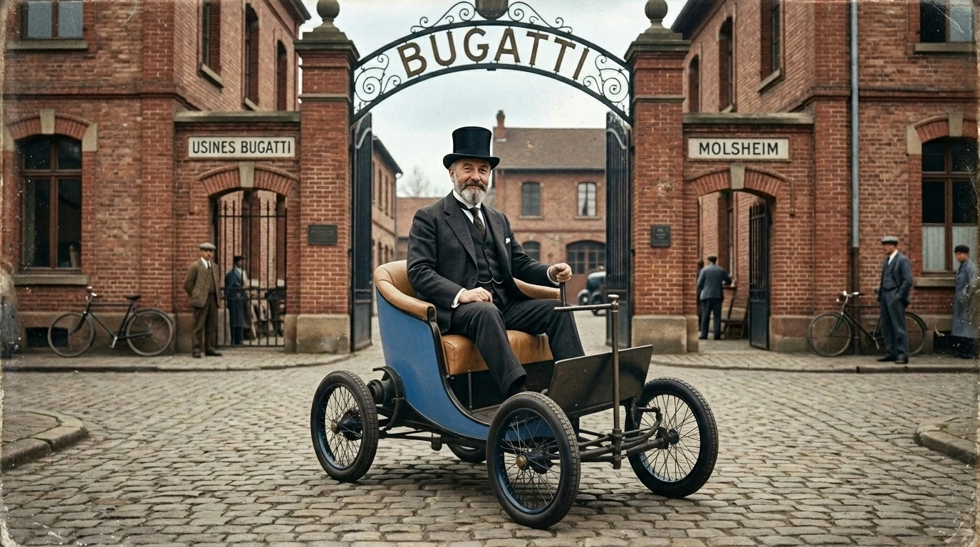 Ettore Bugatti sentado en el Bugatti Type 56, el primer auto eléctrico de la marca creado en 1931.
