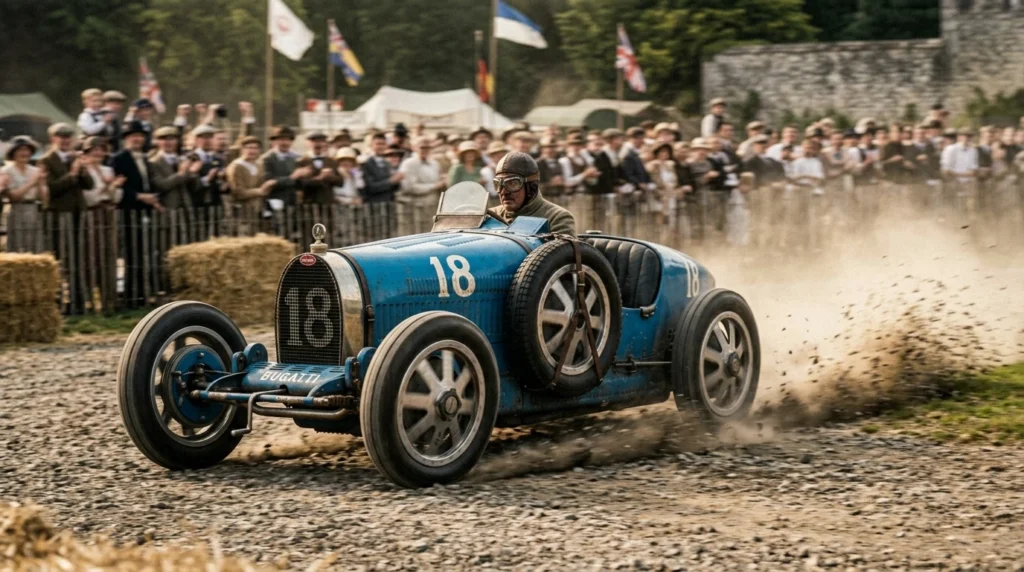 Bugatti Type 35 azul clásico compitiendo en un Gran Premio histórico de los años 20.