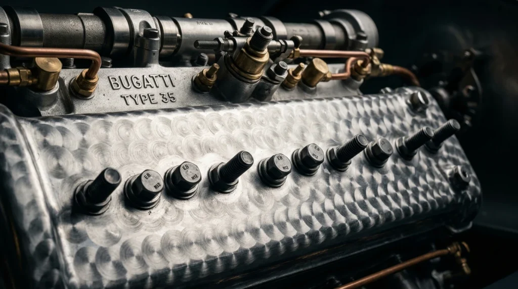 Detalle del acabado artesanal bouchonné en un motor Bugatti clásico de 8 cilindros.