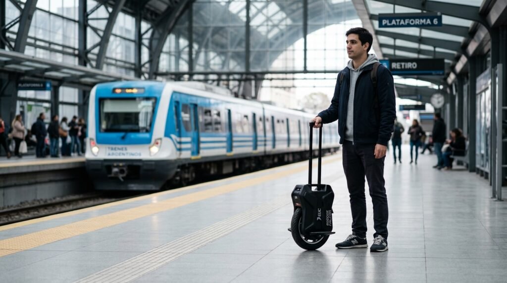 Usuario de transporte público en Argentina llevando un monociclo eléctrico Begode Falcon en el tren - Los 5 mejores monociclos eléctricos en Argentina