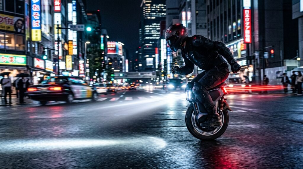 Monociclo eléctrico Kingsong S22 Pro con sistema de luces LED activado para seguridad vial nocturna.