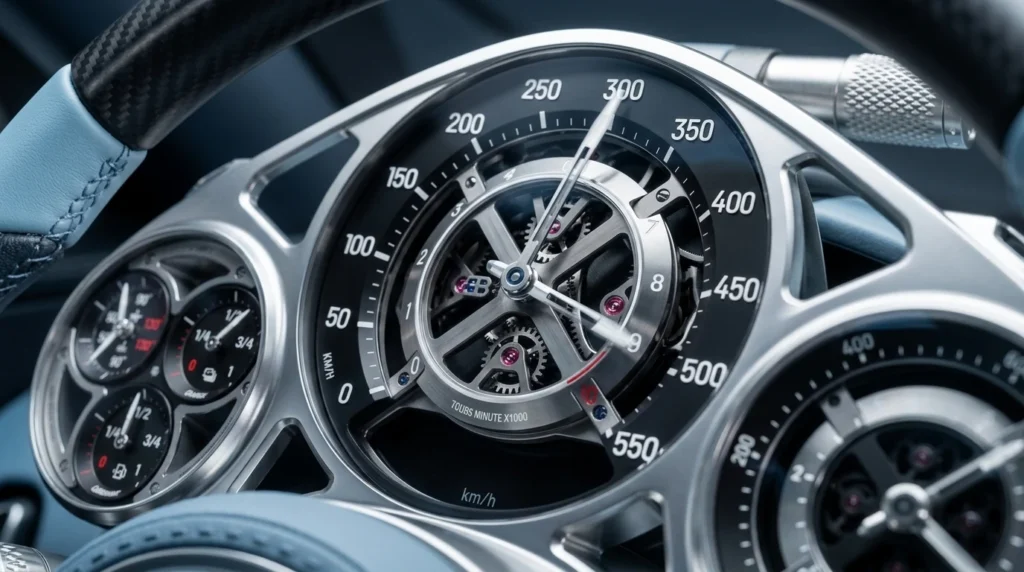 Instrumental de relojería mecánica del Bugatti Tourbillon, una mezcla de lujo analógico y tecnología moderna.