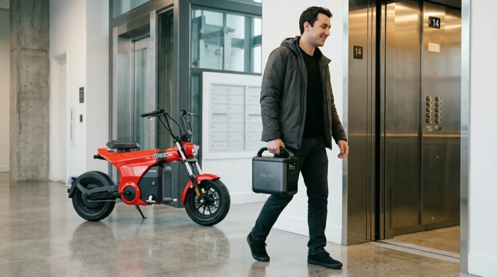 Usuario llevando la batería extraíble de la moto eléctrica Honda Dax e: para cargarla en su departamento.