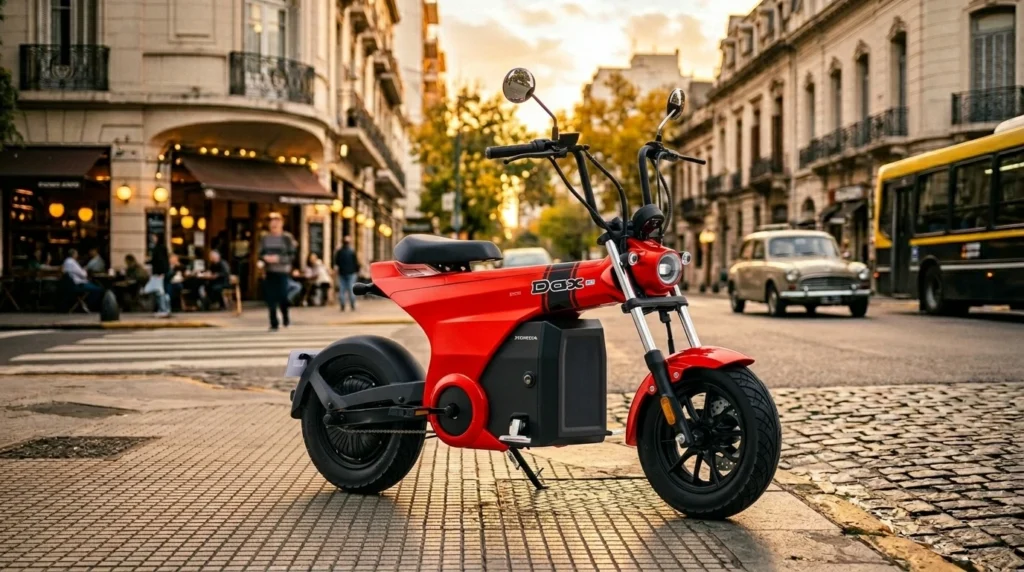 Nueva Honda Dax eléctrica color rojo estacionada en una calle de la ciudad.