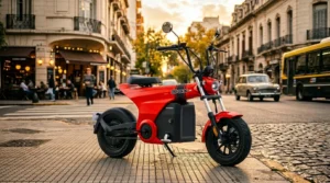 Nueva Honda Dax eléctrica color rojo estacionada en una calle de la ciudad.