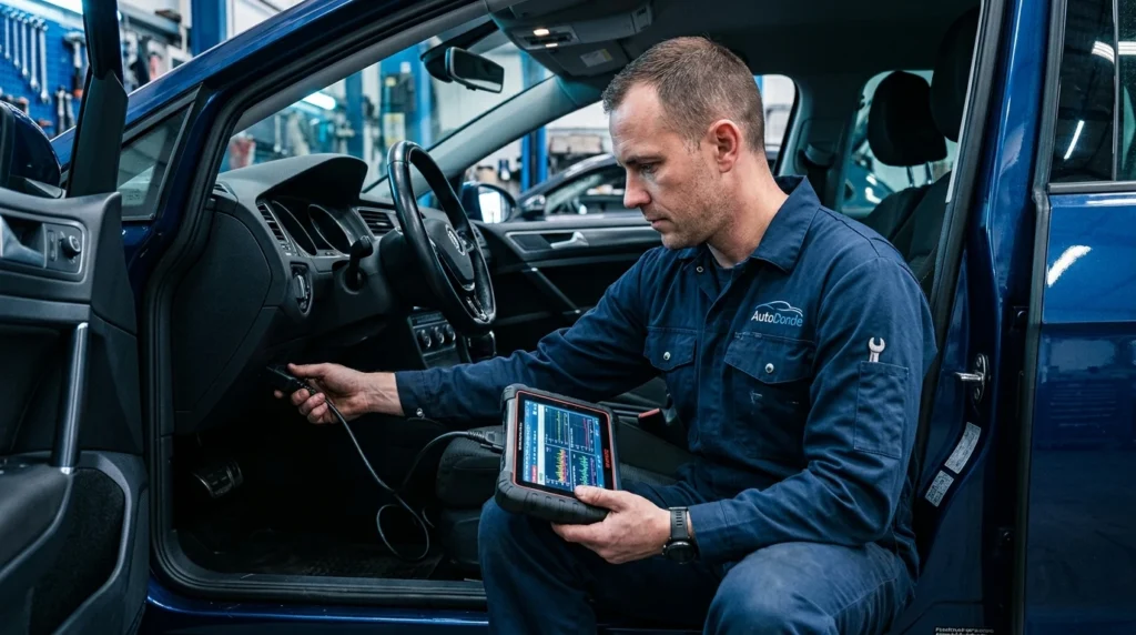 Especialista de AutoDonde realizando diagnóstico computarizado para mantenimiento preventivo del vehículo.