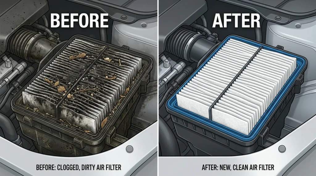 Comparación visual entre un filtro de aire de auto sucio y uno nuevo para mejorar el rendimiento del motor.