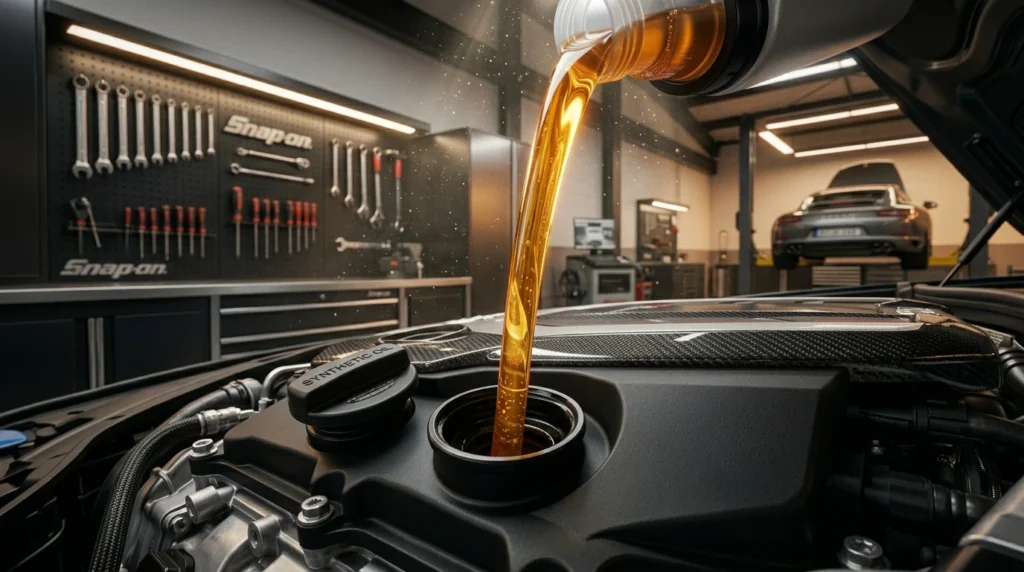 Carga de aceite sintético en motor de auto para mantenimiento preventivo de seguridad.