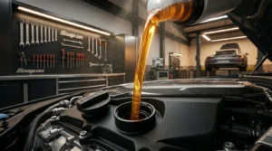 Primer plano de carga de aceite sintético en motor de auto para mantenimiento preventivo de seguridad.